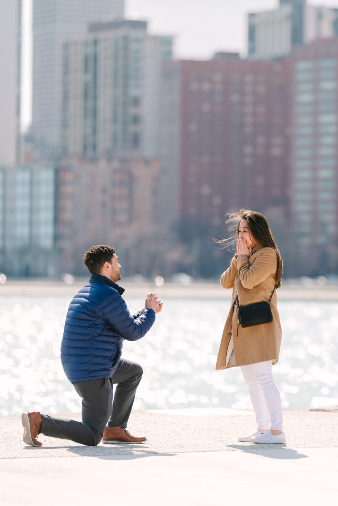 Suprise proposal at North Avenue Beach in Chicago. 