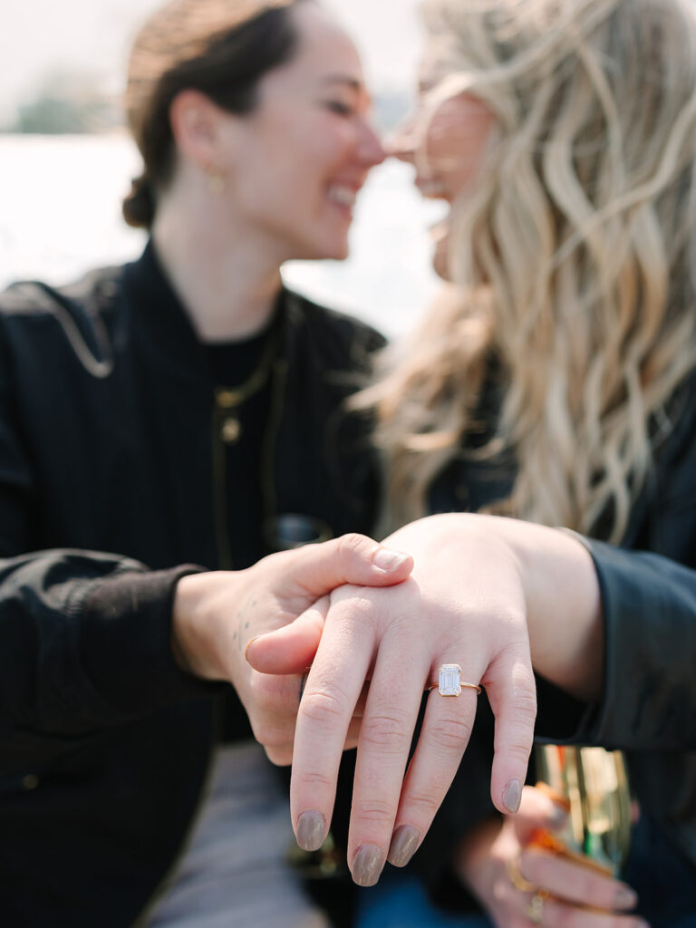 Surprise proposal on a boat on Lake Michigan with the Chicago skyline behind