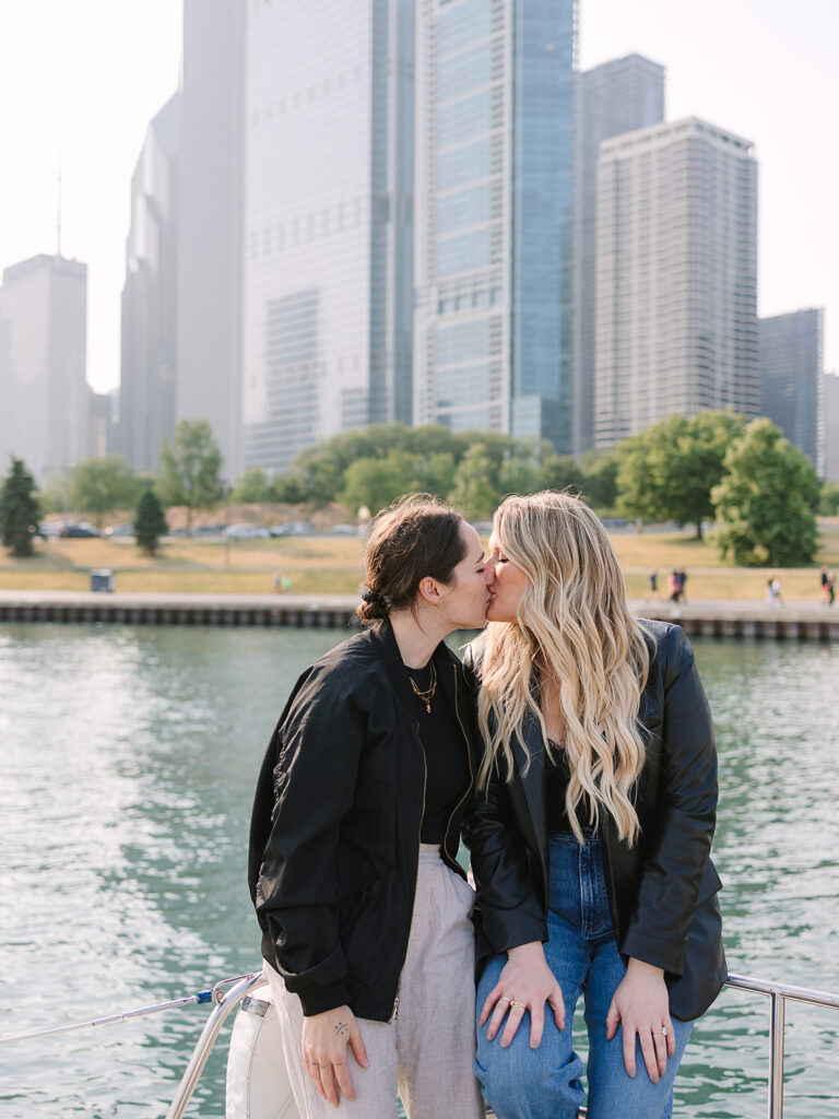 Engagement portraits aboard a boat on Lake Michigan off Chicago