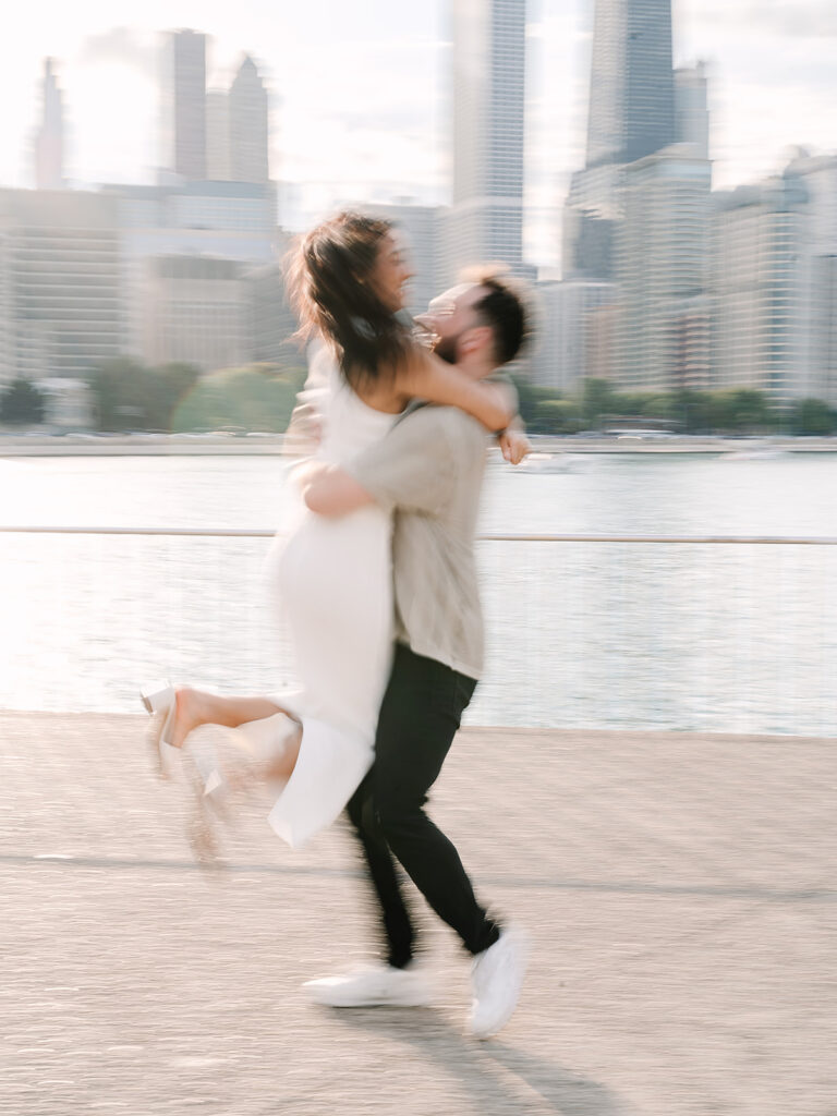 Late afternoon light on a newly engaged couple at Olive Park, Chicago